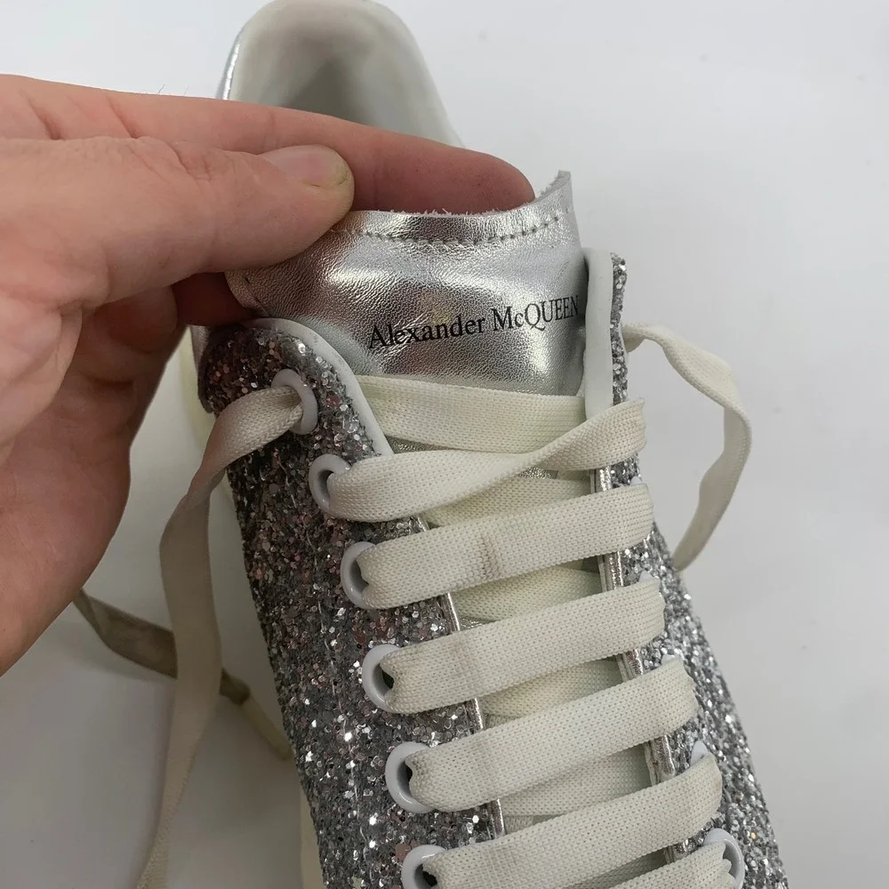 Alexander McQueen Womans 10 Oversized Silver Glitter Platform Sneakers 40